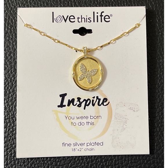 NWT Love this Life Gold Crystal Butterfly Necklace Inscription on Back - Picture 1 of 3
